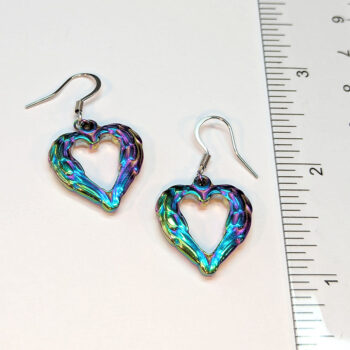 Stainless Steel Textured Chunky Heart Pendant Rainbow Earrings - Image 2