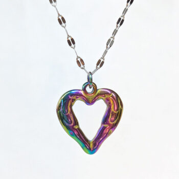 Stainless Steel Textured Chunky Heart Rainbow Necklace - Image 6