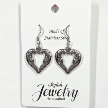 Stainless Steel Textured Chunky Heart Pendant Silver Earrings - Image 6