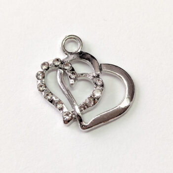 Clear Rhinestone Double Hollow Heart Charm Silver