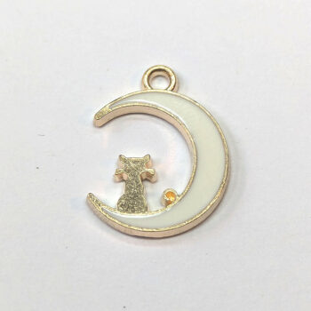 White Cat in the Moon Enamel Charm Gold