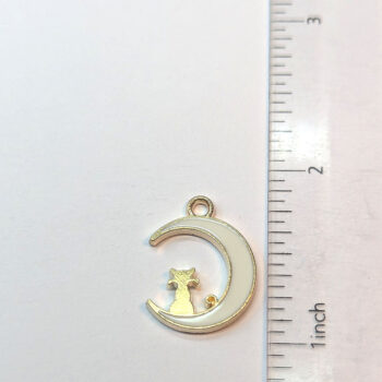 White Cat in the Moon Enamel Charm Gold - Image 2