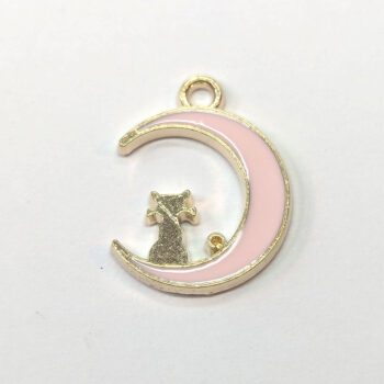 Pink Cat in the Moon Enamel Charm Gold