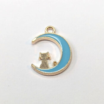 Blue Cat in the Moon Enamel Charm Gold