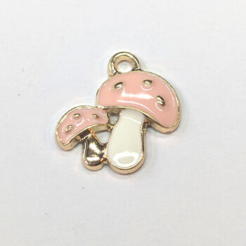 Pink White Double Mushroom Enamel Charm Gold