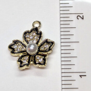 Black Gold Clear Rhinestone Flower with Pearl Charm - Image 2