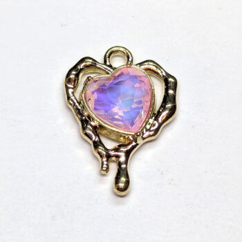 Pink Rhinestone Hollow Dripping Heart Charm Gold