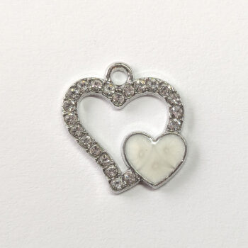 Clear Rhinestone Double White Heart Charm Silver