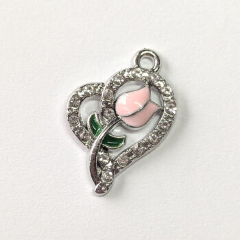 Clear Rhinestone Heart Pink Tulip Flower Charm Silver