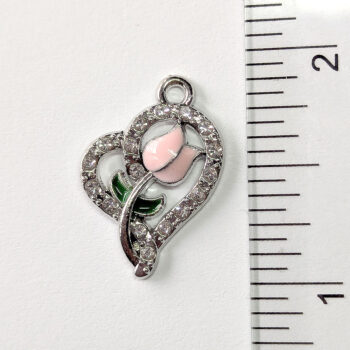 Clear Rhinestone Heart Pink Tulip Flower Charm Silver - Image 2