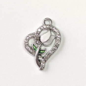 Clear Rhinestone Heart White Tulip Flower Charm Silver