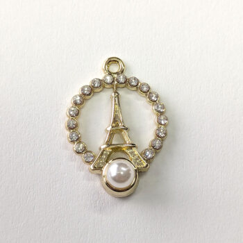 Clear Rhinestone Hoop Eiffel Tower Pearl Charm Gold