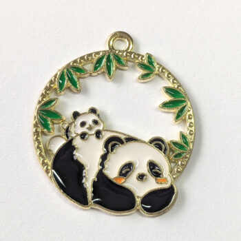 Panda Mom and Baby Hoop Enamel Charm Gold