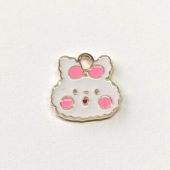 White Rabbit Red Pink Bow Cheeks Enamel Charm Gold