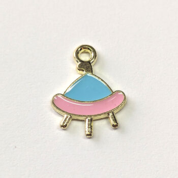 Pink Blue Space Ship UFO Enamel Charm Gold