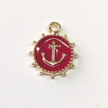 Red Ship Anchor Round Enamel Charm Gold