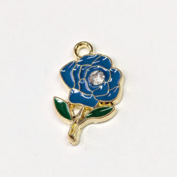 Blue Rose Flower with Rhinestone Enamel Charm Gold