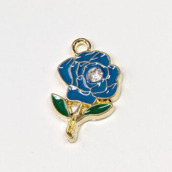 Blue Rose Flower with Rhinestone Enamel Charm Gold - Image 3