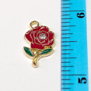 Red Rose Flower with Rhinestone Enamel Charm Gold - Image 2