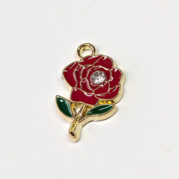 Red Rose Flower with Rhinestone Enamel Charm Gold