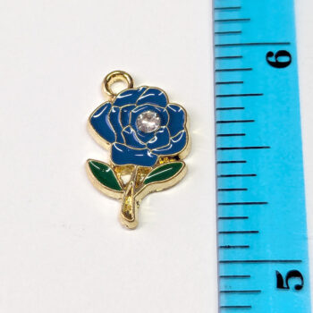 Blue Rose Flower with Rhinestone Enamel Charm Gold - Image 2