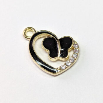 Black Gold Clear Rhinestone Heart Butterfly Charm