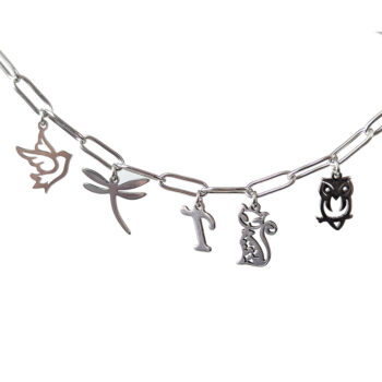 Silver Stainless Steel Large Paper Clip Five Charms Necklace