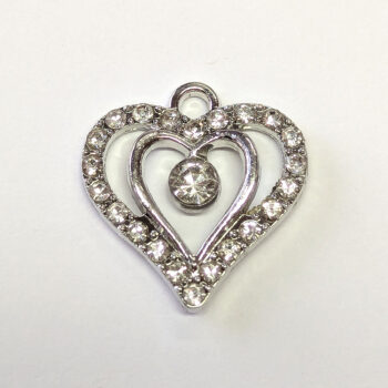 Clear Rhinestone Double Heart Charm Silver