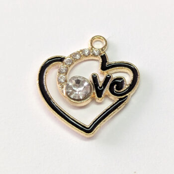 Clear Rhinestones LOVE Black Heart Charm Gold