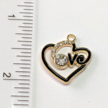 Clear Rhinestones LOVE Black Heart Charm Gold - Image 2