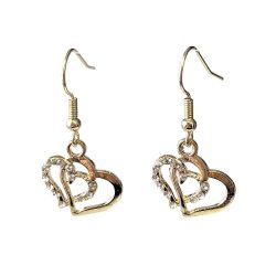 Clear Rhinestone Double Hollow Heart Gold Earrings