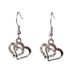Clear Rhinestone Double Hollow Heart Silver Earrings