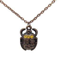 Egyptian Scarab Beetle Yellow Rhinestones Antique Copper Necklace