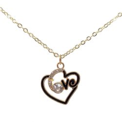 Clear Rhinestones LOVE Black Heart Gold Necklace