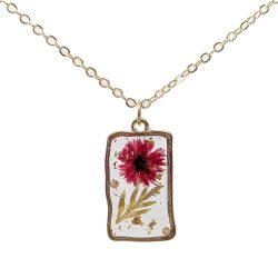 Rectangle Real Red Rose Flower Resin Gold Necklace