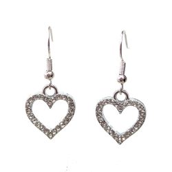 Silver Hollow Heart with Rhinestones Earrings