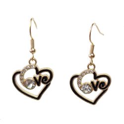 Clear Rhinestones LOVE Black Heart Gold Earrings
