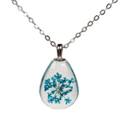 Teardrop Real Dried Turquoise Blue Flowers Glass Necklace Silver