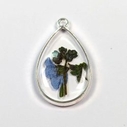 Teardrop Blue Green Real Dried Flowers Resin Pendant Silver