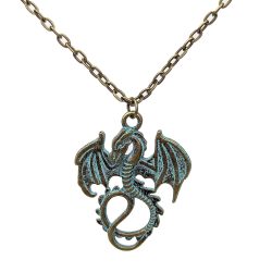 Antique Bronze Patina Dragon With Wings Pendant Necklace