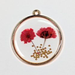 Round Red Real Dried Flowers Gold Beads Pendant