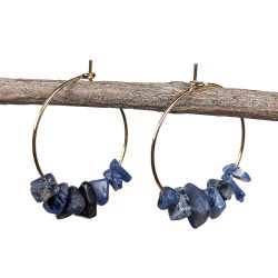 18K Real Gold Plated Stainless Steel Platinum Hoop Blue Sodalite Gemstone Chips Earrings