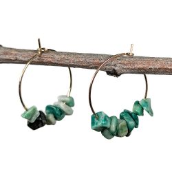18K Real Gold Plated Stainless Steel Platinum Hoop Green White Jade Gemstone Chips Earrings