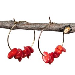 18K Real Gold Plated Stainless Steel Platinum Hoop Red Coral Gemstone Chips Earrings