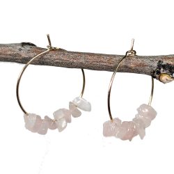 18K Real Gold Plated Stainless Steel Platinum Hoop Rose Quartz Gemstone Chips Earrings