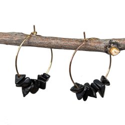 18K Real Gold Plated Stainless Steel Platinum Hoop Black Obsidian Gemstone Chips Earrings