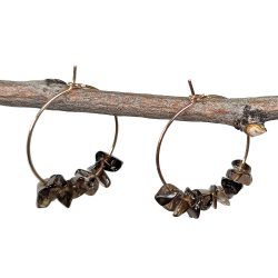 18K Real Gold Plated Stainless Steel Platinum Hoop Smoky Quartz Gemstone Chips Earrings
