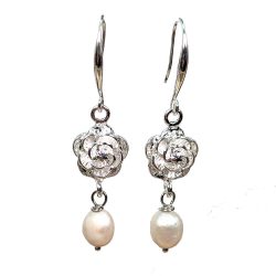 Sterling Silver Rose Flower Freshwater Pearl Earrings