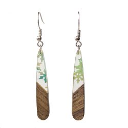 Clear Foil Snowflakes Long Teardrop Wood Resin Earrings