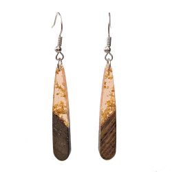 Pink Coral Gold Leaf Long Teardrop Wood Resin Earrings